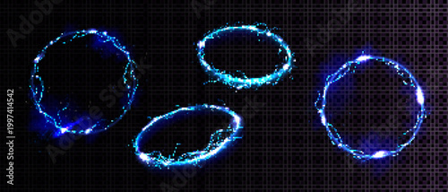 Blue glowing electrical lightning rings and circular energy frames