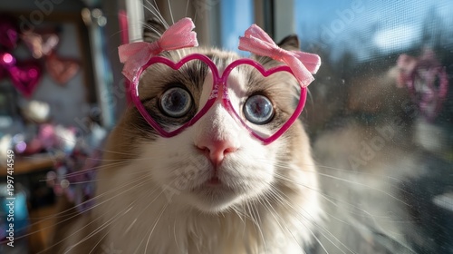 Fluffy cat wearing pink heart shaped glasses and bows looks curiously at the camera.
