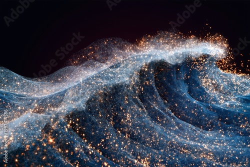 Bright Wave With Sparkling Lights Moving in Dark Background Near Ocean Shore
