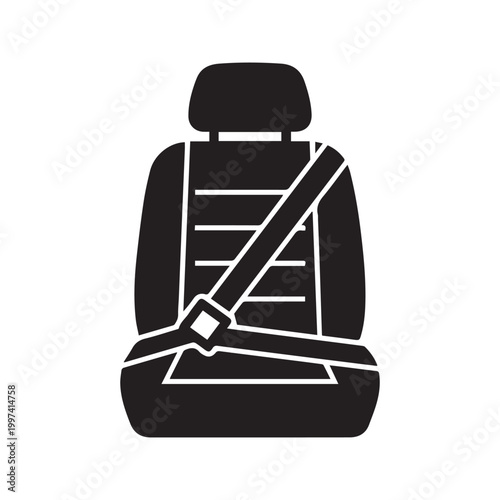 Car seat with fastened seatbelt silhouette icon for automotive safety
