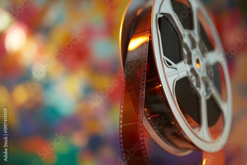 Film Reel Rests on a Surface With Vibrant Colored Light in Background