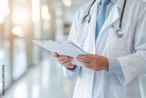 Doctor Examining Medical Records in Hospital Hallway