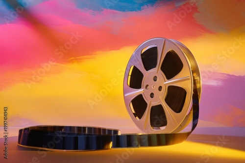 Classic Film Reel on a Vibrant Background With Colorful Swirls During a Creat...