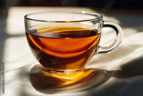Warm Cup of Tea on a Table With Sunlight Streaming Through a Window