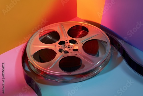 Classic Film Reel on a Vibrant Background With Colorful Swirls During a Creat...