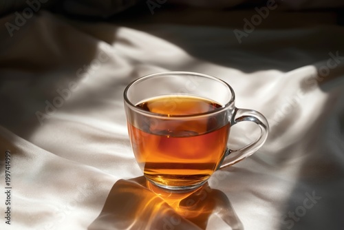 Warm Cup of Tea on a Table With Sunlight Streaming Through a Window