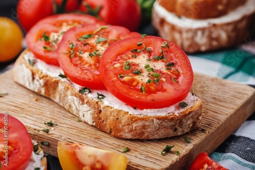 Fresh Tomato Slices on Bread With Cream Cheese on a Wooden Board in a Kitchen...