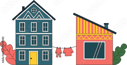 Colorful residential houses with modern and traditional architecture suburban homes exterior design neighborhood vector illustration set