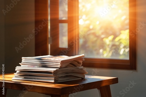 Morning Sunlight Shines Through a Window Onto a Stack of Newspapers on a Wood...