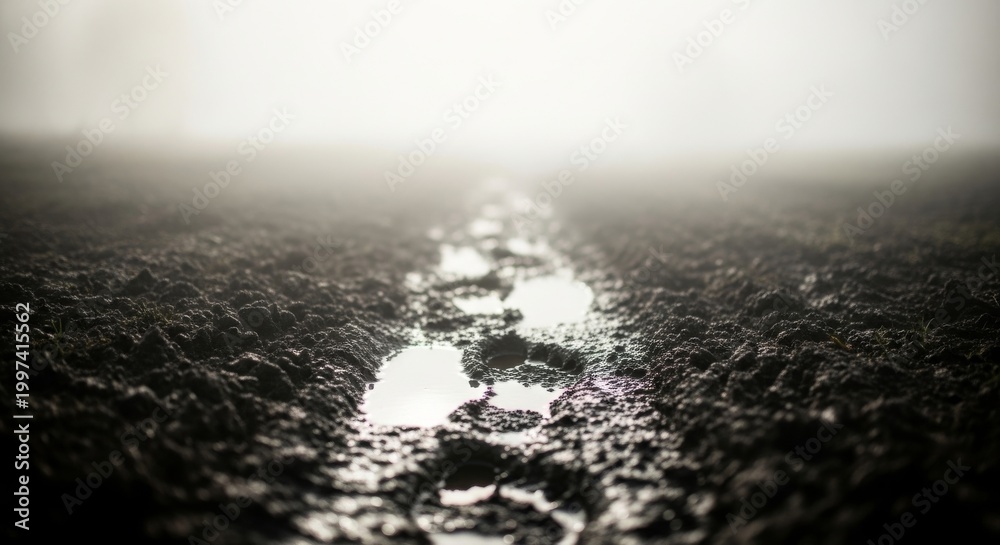 Obraz premium Footprints in Muddy Path Disappear in Fog