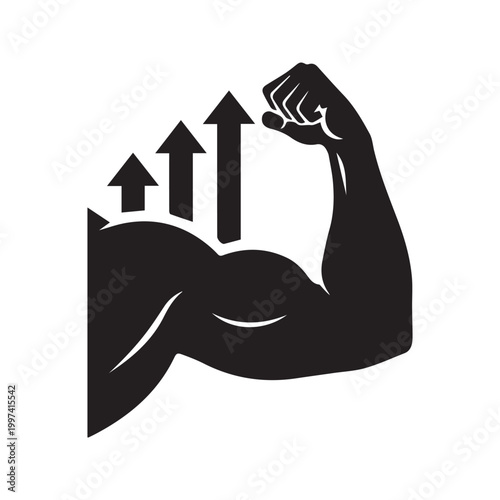 Flexed arm bicep muscle with up arrows silhouette icon representing strength increase and fitness growth

