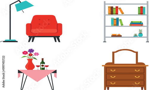 Home interior furniture set with armchair floor lamp bookshelf table and dresser modern living room decor vector illustration