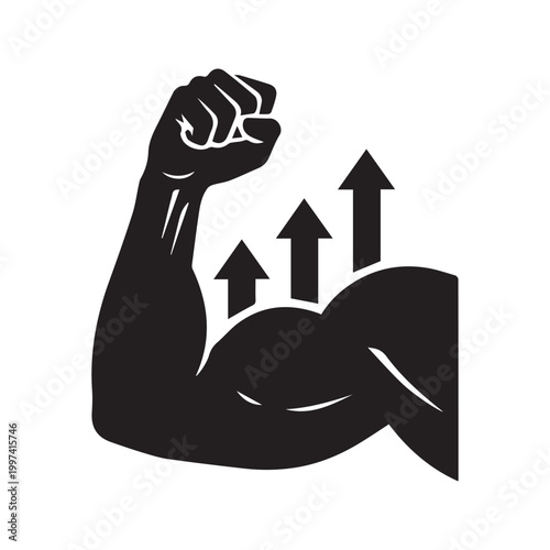 Flexed arm bicep muscle with up arrows silhouette icon representing strength increase and fitness growth
