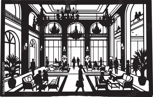 Black and white of people in a large indoor seating area