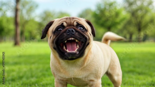 A cute pug dog stands in a grassy park, looking at camera and smiling.