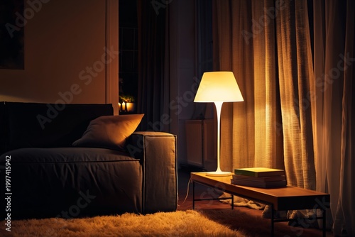 Soft Light Shines on a Living Room With a Sofa and a Lamp in the Evening