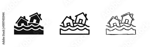 Flood Natural Disaster Icon, Houses Sinking in Water, Climate Change and Catastrophe Symbol