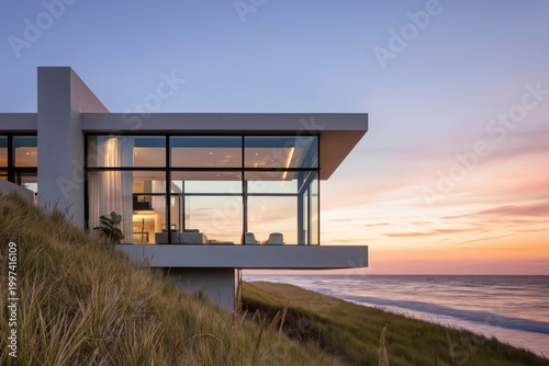 Modern House by the Ocean at Sunset With Large Windows and Grassy Terrain