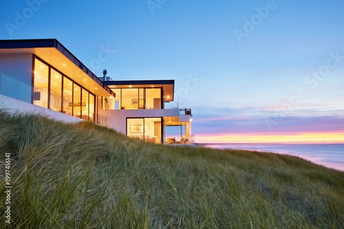 Modern House on a Hill Overlooking the Ocean During Sunset Near a Sandy Beach