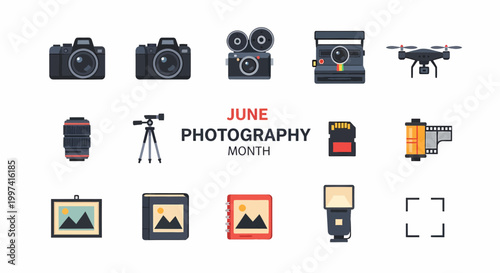 Cameras and photography equipment icons set.
