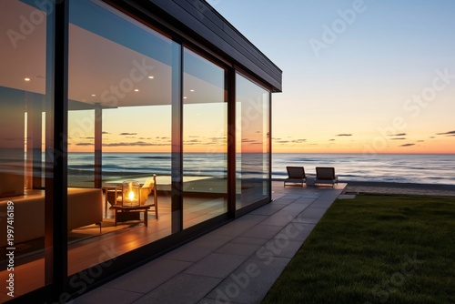 Modern House by the Ocean at Sunset With Large Glass Windows and a Relaxing View