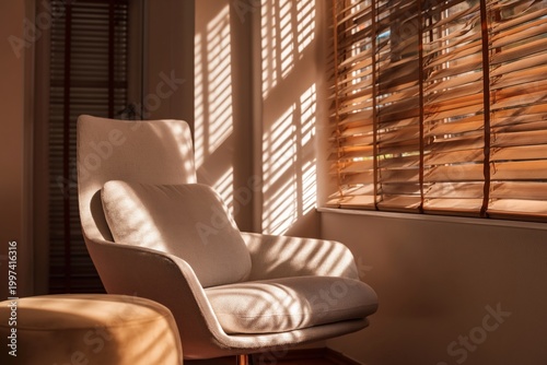 Comfortable Chair and Round Pouf in a Sunny Room With Wooden Blinds