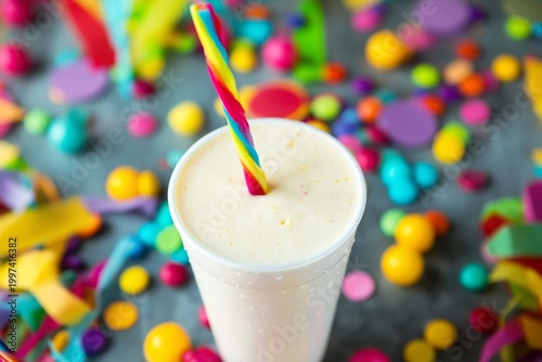 Bright Drink With Colorful Straw Surrounded by Party Decorations on a Table