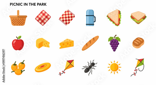 Colorful picnic food icons set.