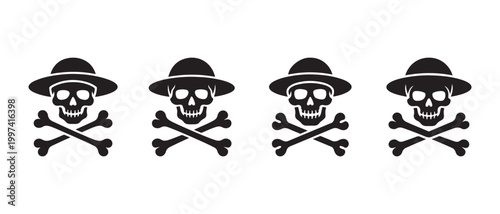Black Skull and Crossbones Icons. Wearing Safari Pith Helmets, Explorer Danger Concept Set.