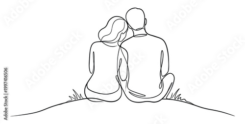 Couple sitting on hill continuous line drawing