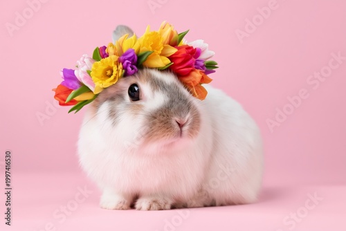Cute Rabbit With a Flower Crown on a Pink Background in a Studio Setting