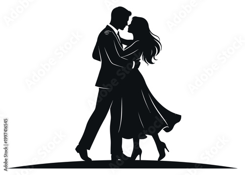 Silhouette of a romantic couple dancing together isolated on white background
