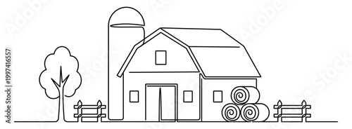 Continuous line drawing of a farm with a barn, silo, and hay bales