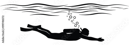 Scuba diver silhouette swimming underwater isolated on white background