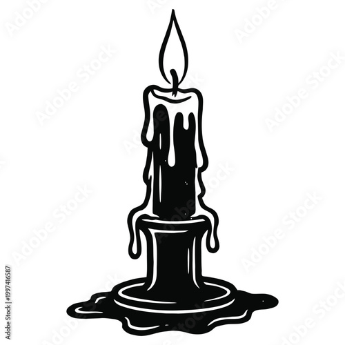 Hand drawn candle with melting wax on a candlestick