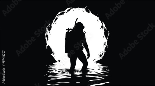 Silhouette of a scuba diver standing in water against a bright light