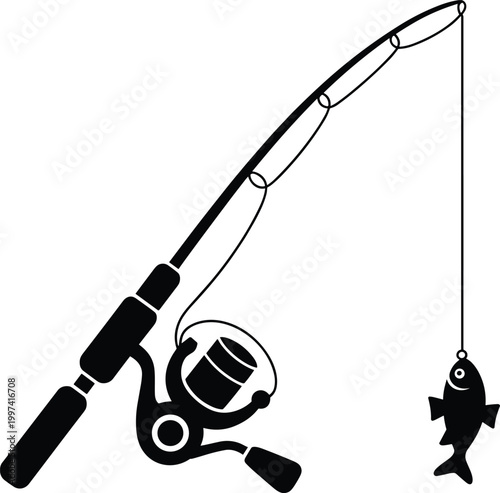 Fishing Rod with Reel and Caught Fish Silhouette on White Background