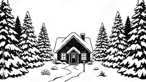 Cozy winter cabin in a snowy forest landscape