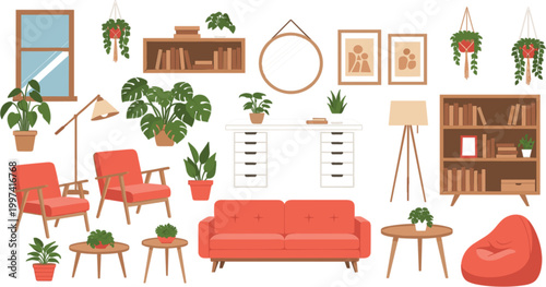 Modern living room interior set with sofa plants shelves furniture decor cozy home design elements vector illustration collection