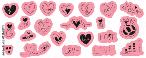 Scrapbook set of hand drawn pink heart shapes and love icons including broken heart globe butterfly finger heart and hand drawn text symbols for romance and valentines vector design.