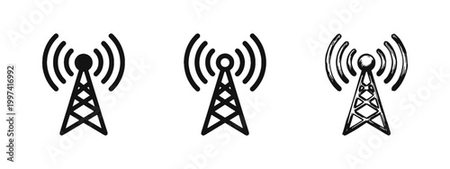 Radio Tower Signal Icons, Telecommunication and Broadcast Station Symbol Set