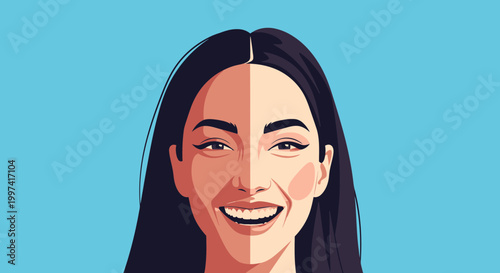 Split Face Portrait: Joyful Smile vs. Serene Expression, Diverse Emotions