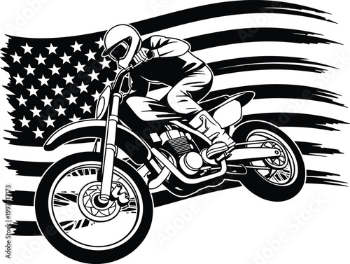 Motocross Rider with American Flag BackgroundAction Sport Illustration