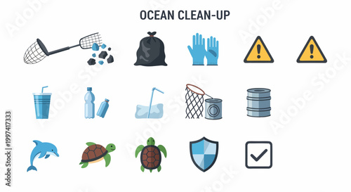 Ocean clean up icons and symbols.
