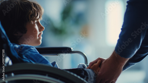 Child in wheelchair holding adult hand. Support, care, trust and inclusive healthcare concept.