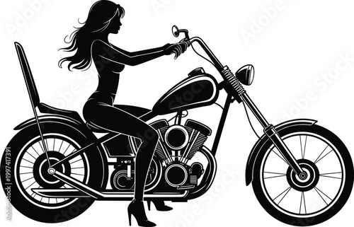 Silhouette Woman Riding Chopper Motorcycle with Flowing Hair and Heels Style