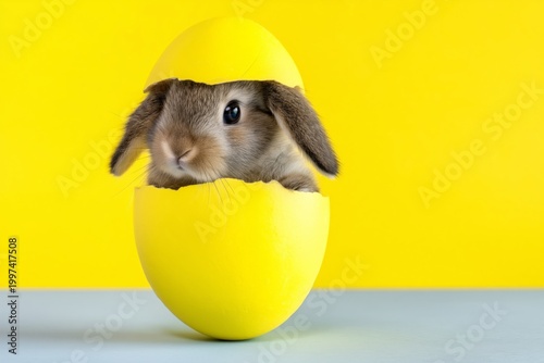 Cute Bunny Peeks out From Yellow Egg on Plain Background During Spring Season