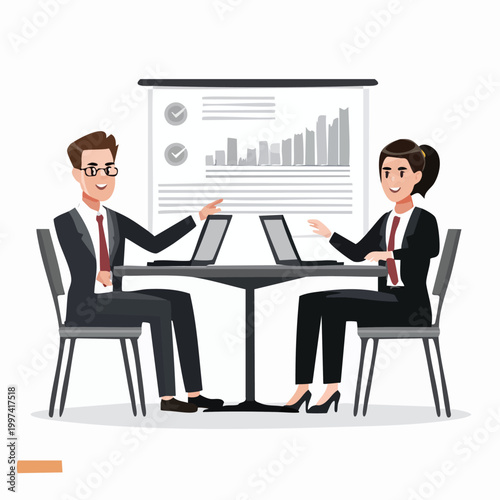 Business meeting with laptops and presentation graph illustration business collaboration computers presentation statistics analysis strategy planning corporate professional discussion