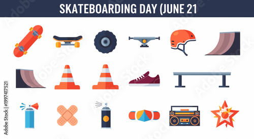 Skateboard and skateboarding equipment collection.