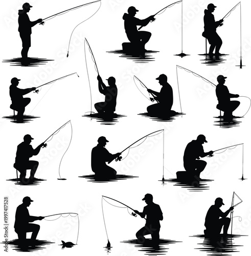Silhouettes of Fishermen Casting Rods Various Poses Collection
